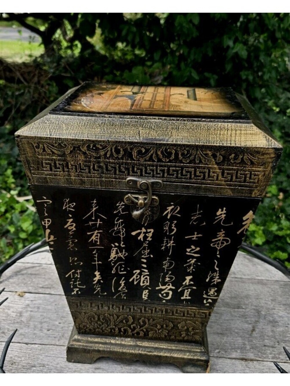 Vtg Oriental Calligraphy Storage Box 14T"×11" Square Hinged Unbranded Some Wear